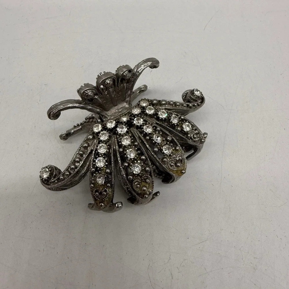 Silver Rhinestone Vintage Style Hair Claw Clip Women Floral Filigree
